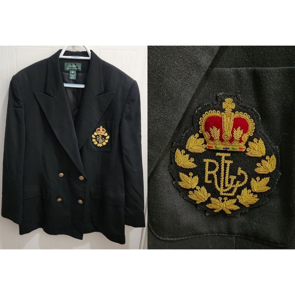 Vtg Lauren Ralph Lauren Double Breasted Blazer Jacket Black Embroidered Crest 16